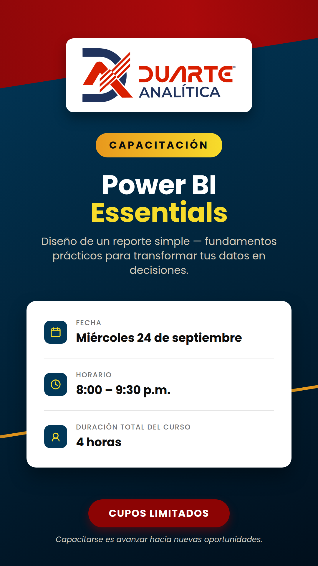 Afiche de la capacitación Power BI Essentials